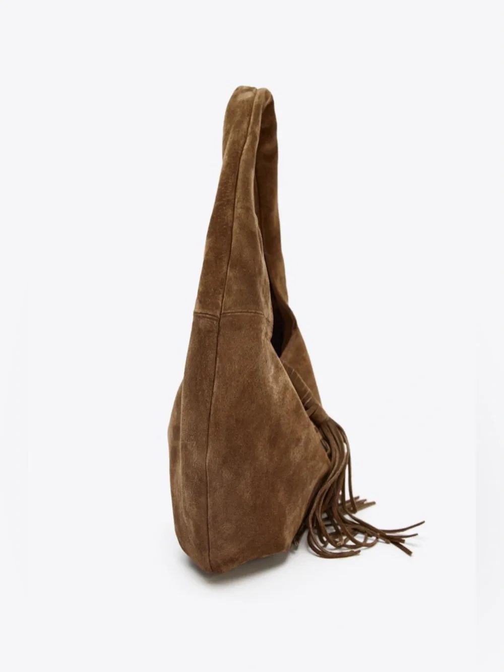 Zara Natural Suede Braided-Trim Fringe Hobo Bag in Brown